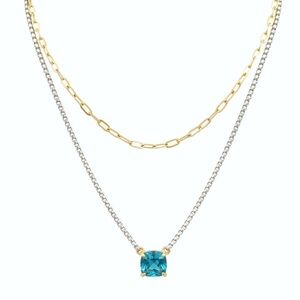 Two-tone Layered Chain Necklace w/ Simulated Blue Topaz Teal Blue Stone Pendant